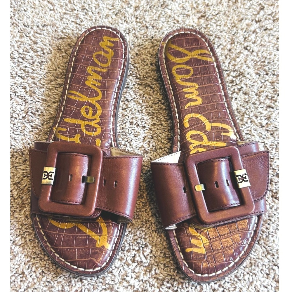 Sam Edelman Bay 8 Brown Leather Buckle Slide Sandals Womens 8.5 Flat Croc Print